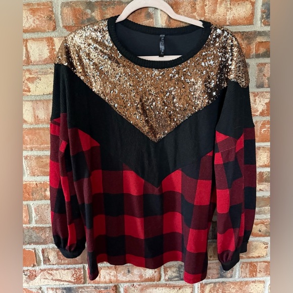 Glamorous Sequin Plaid Women's Sweater - Black and Red buffalo plaid - Picture 2 of 7